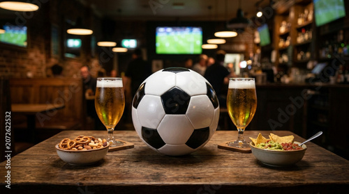 Black and white soccer ball on a wooden pub table between two glasses of lager beer, a bowl of pretzels and nuts, and chips with guacamole and salsa against a blurred bar background.