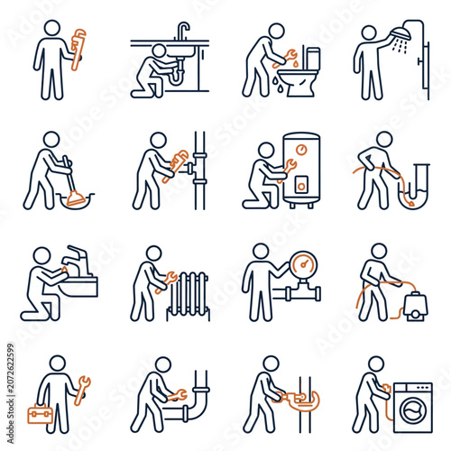 Plumber and home maintenance service line icons.