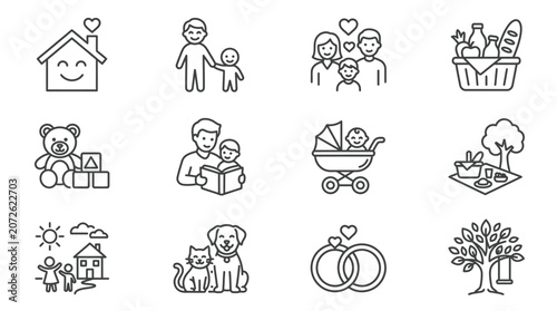 Parenting childhood and family home line icons set.