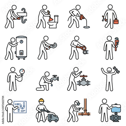 Outline icons of plumbers fixing toilets and pipes.