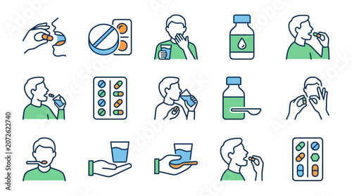 Patient medication process and oral health icons.