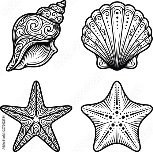 Starfish and Shell Tattoo Icons Set with Black Line Art and Ornamental Swirls on White Background Featuring Sea, Ocean, Icon