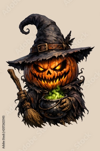 Sticker design, semi-cartoon motif of a Pumpkin character, witch hat, white background, painting, dark fantasy, illustration.
