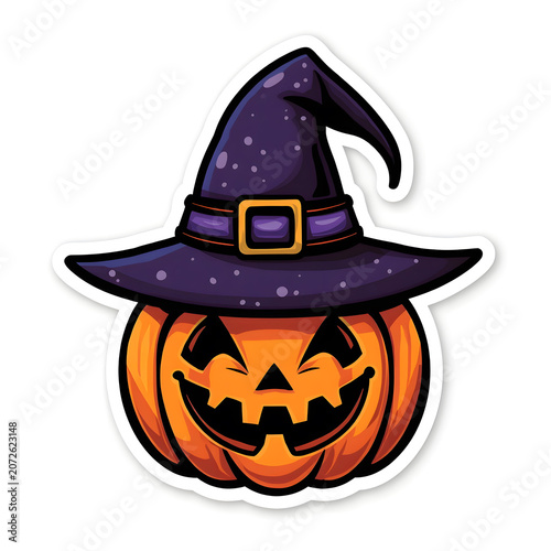 Sticker design, semi-cartoon motif of a Pumpkin character, witch hat, white background, painting, dark fantasy, illustration.