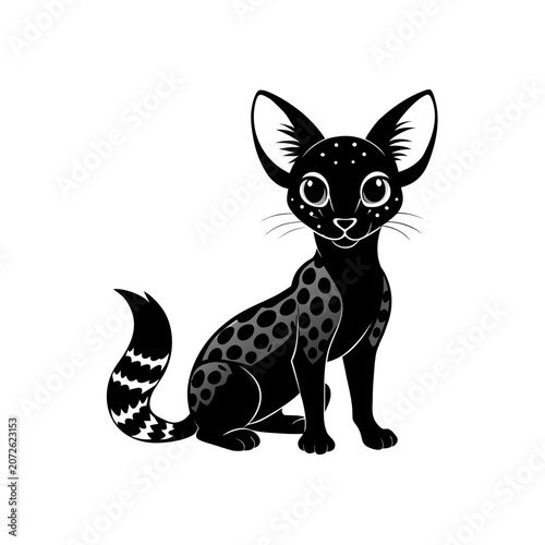 Cartoon black cat with spots and stripes tail on transparent background