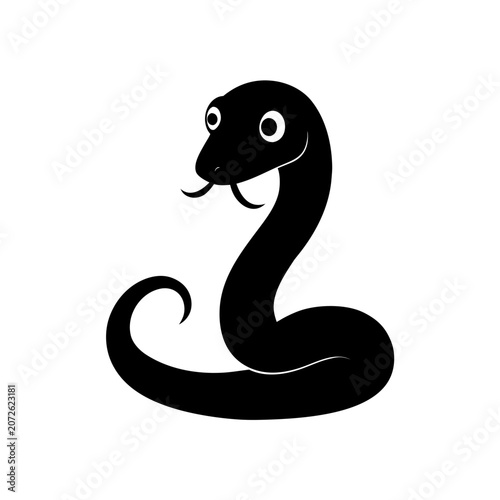 Cartoon snake coiled up in black and white on transparent background