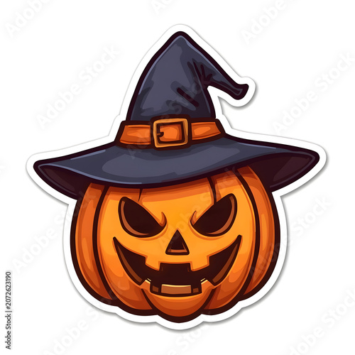 Sticker design, semi-cartoon motif of a Pumpkin character, witch hat, white background, painting, dark fantasy, illustration.