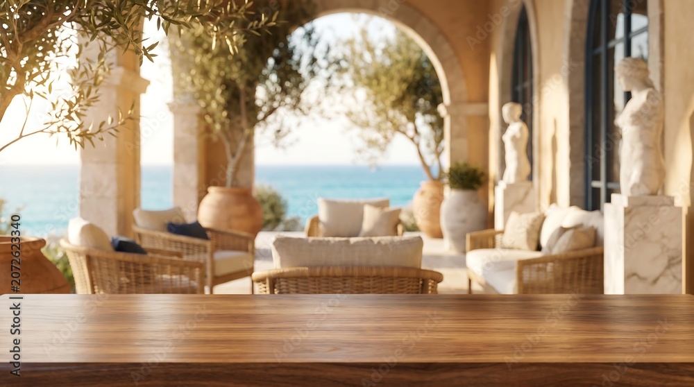Fototapeta premium Empty Wooden Table Top on Luxury Mediterranean Terrace with Sea View for Product Mockup Display and Presentation.