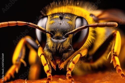 Macro closeup of a yellow and black wasp face with antenna and compound eye on a dark background