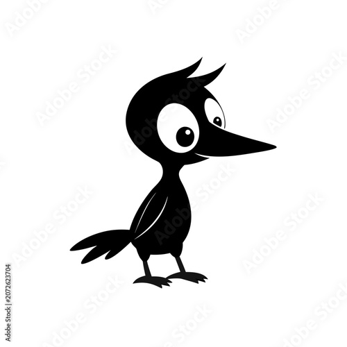 Cartoon black bird with big eyes standing on transparent background