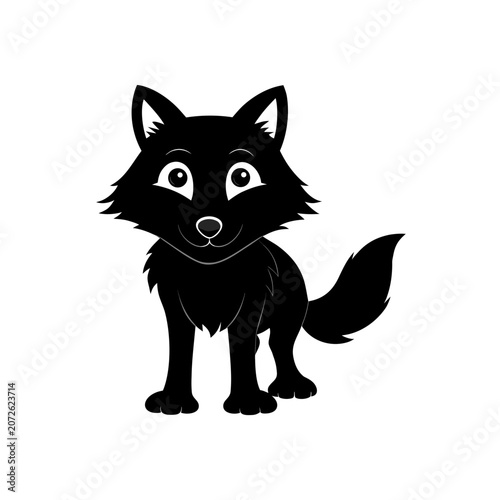 Illustration of a cartoon black wolf cub on transparent background