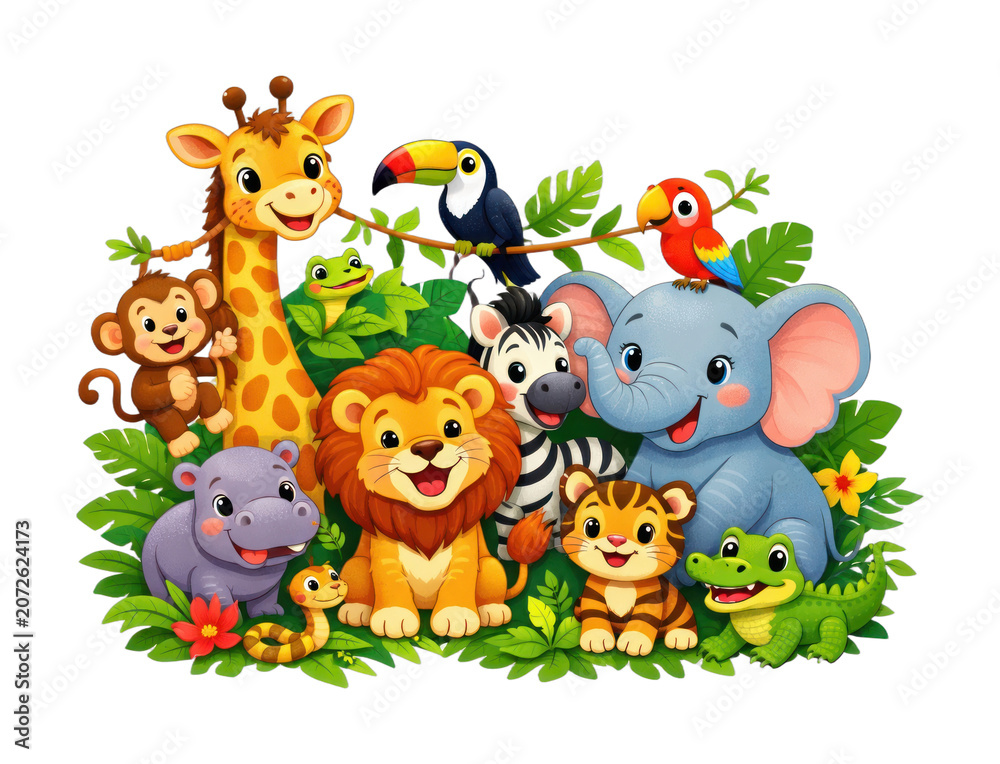 Naklejka premium PNG Colorful jungle animals illustration