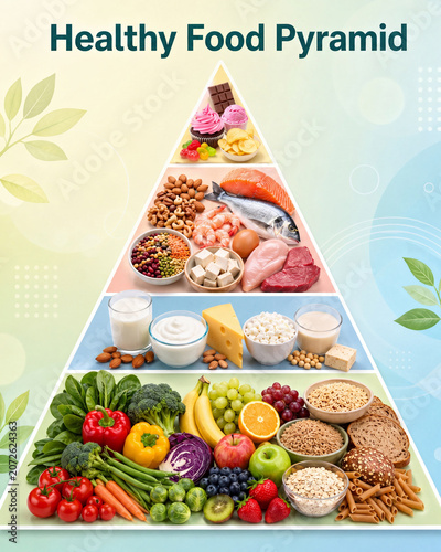 Educational Healthy Food Pyramid Infographic with Diverse Food Groups