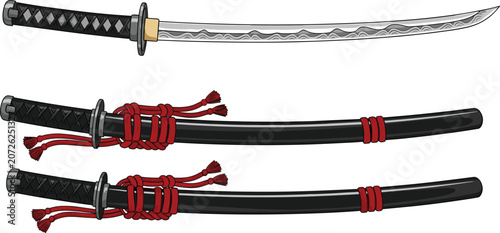 Tableau sur toile Traditional Japanese katana sword illustration with detailed blade, scabbard, and cord accents, ideal for martial arts, samurai culture, and weapon design visuals