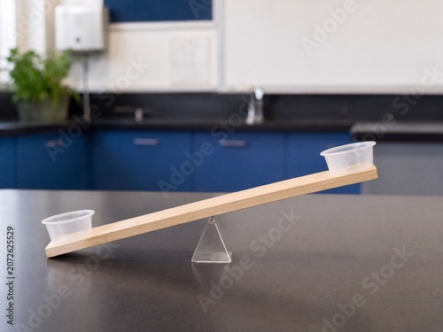 Simple Wooden Lever Balance Scale in a Science Classroom Setting