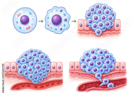 Medical Illustration of Cancer Cell Development and Metastasis Process