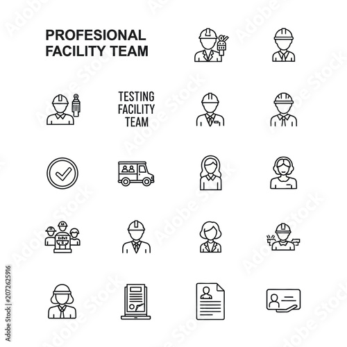 Professional facility team and engineer line icons.