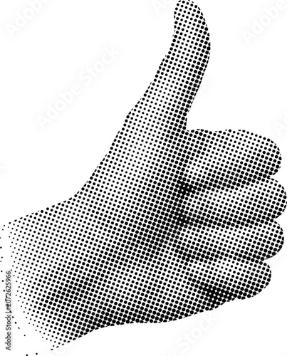 Quadro su tela Halftone hand giving thumbs up sign made of small dots isolated on white backgro