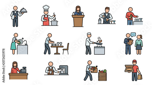 Professional kitchen staff and restaurant service worker icons.