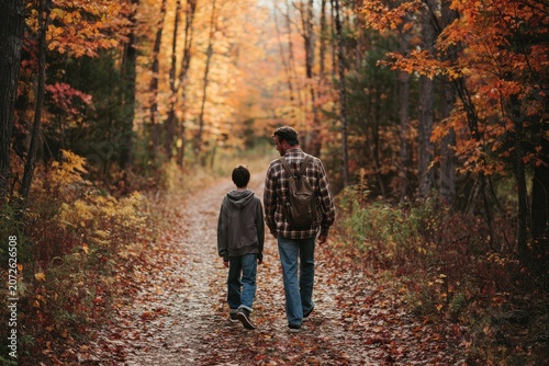 Father and Son Hiking Through a Sunlit Autumn Forest Along a Leaf-Strewn Trail