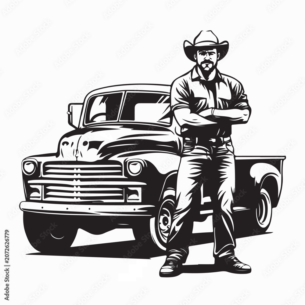 Obraz premium Confident Cowboy Standing Beside His Pickup Truck Vector Illustration