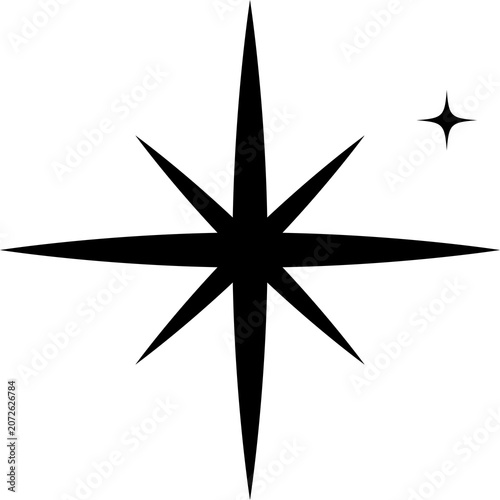 Black eight pointed star icon with small sparkle isolated on transparent background