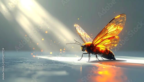 A moth with glowing wings standing on a reflective surface