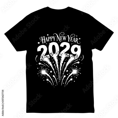 2029 happy new year graphic design on black t-shirt mockup with celebration