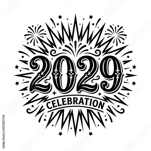 2029 celebration decorative typography with starburst fireworks, celebration