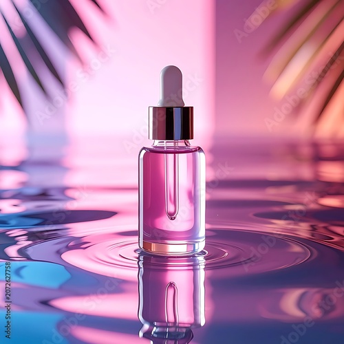 A pink liquid-filled glass dropper bottle on a reflective purple surface with palm leaves