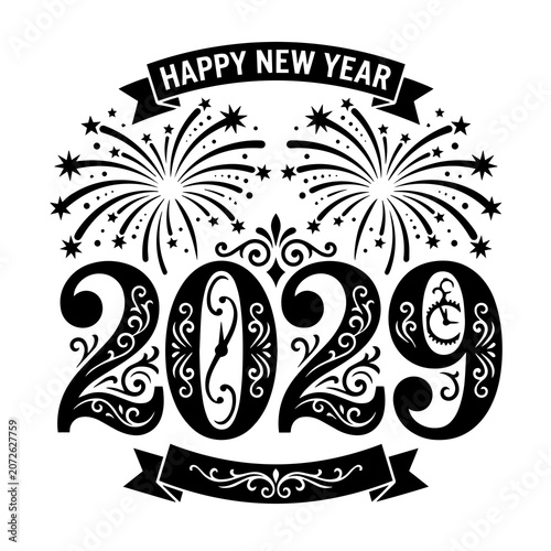 2029 happy new year celebration graphic with fireworks and clock pattern