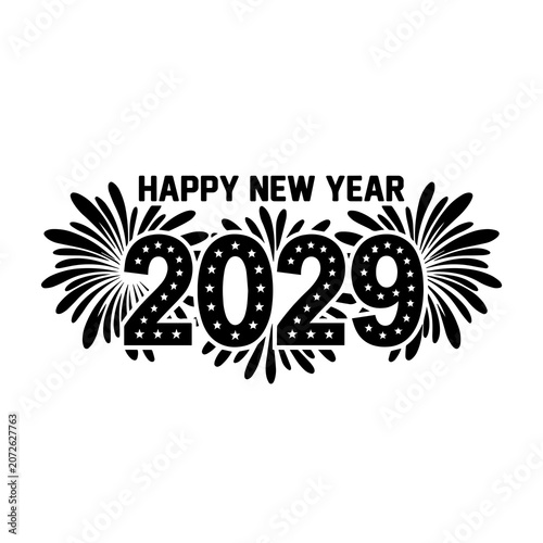 2029 happy new year graphic with star filled typography and fireworks