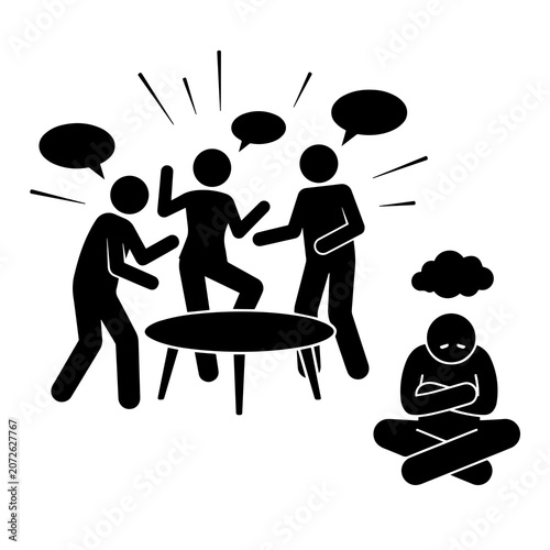 Group conversation silhouette icon with one sad person sitting isolated aside