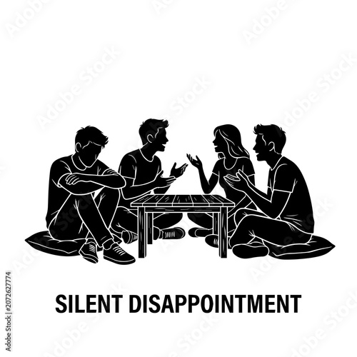 Group of friends talking at table with one person feeling silent disappointment