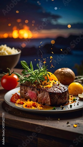 A savory steak dinner on a plate with vibrant spices