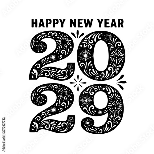 2029 happy new year graphic with ornate floral patterned numbers, fireworks