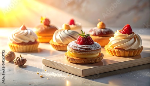 A selection of pastries on a wooden board