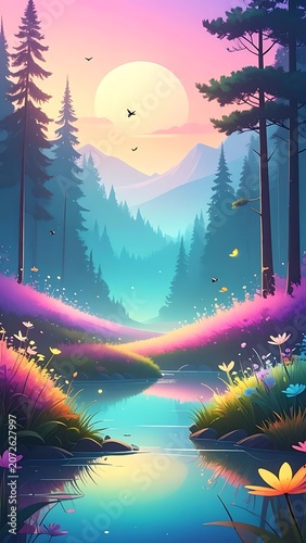 A serene digital forest landscape with a glowing moon