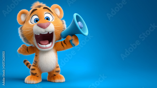 A tiger excitedly speaks into a large megaphone