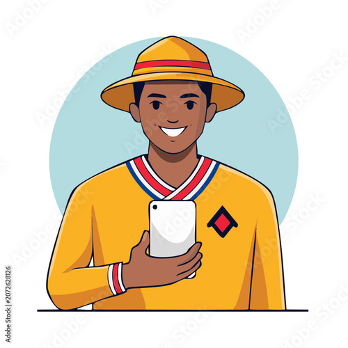 Man in yellow sweater holding smartphone, flat vector illustration