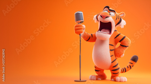 A tiger excitedly speaks into a large megaphone