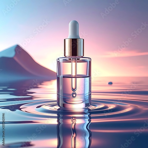 A serene dropper bottle on rippling water at sunset (34)