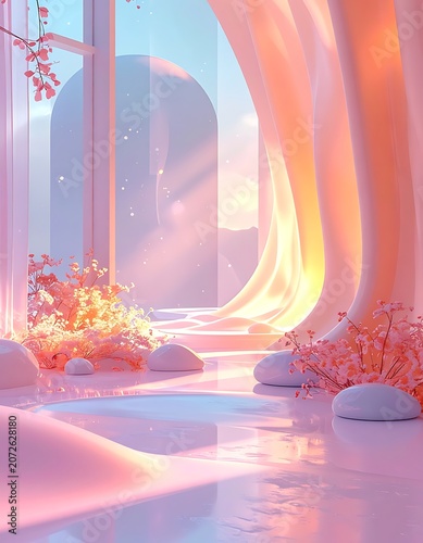 A serene, futuristic landscape with flowing curves and vibrant colors