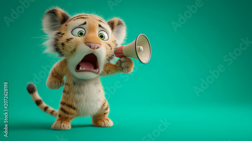 A tiger excitedly speaks into a large megaphone