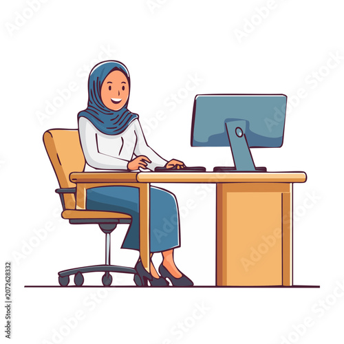 Woman wearing hijab working on a computer at a desk