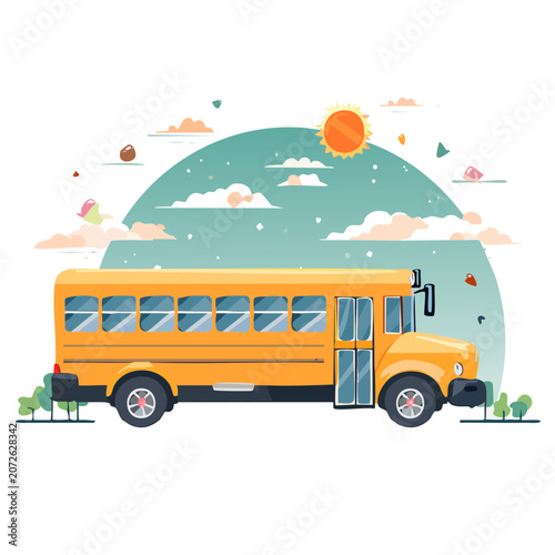 Yellow school bus with sunny sky and nature elements