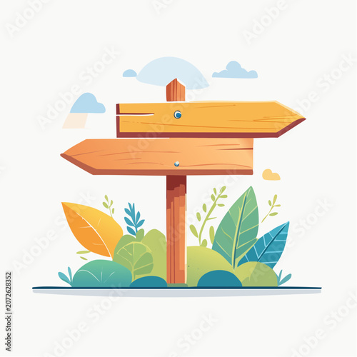 Wooden Directional Signpost with Greenery and Clouds
