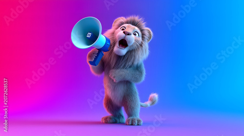 A cute lion excitedly speaks into a large megaphone