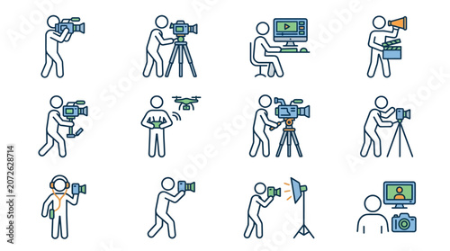 Professional videographers and camera crew filming icons