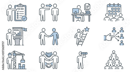 Professional workforce and organizational hierarchy blue line icons.
